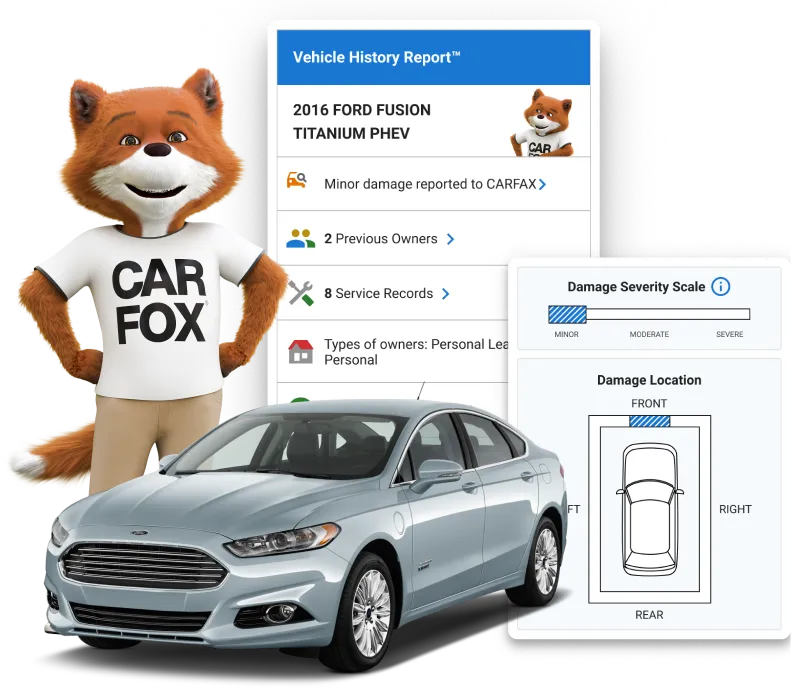 CARFAX fox standing next to a report sample