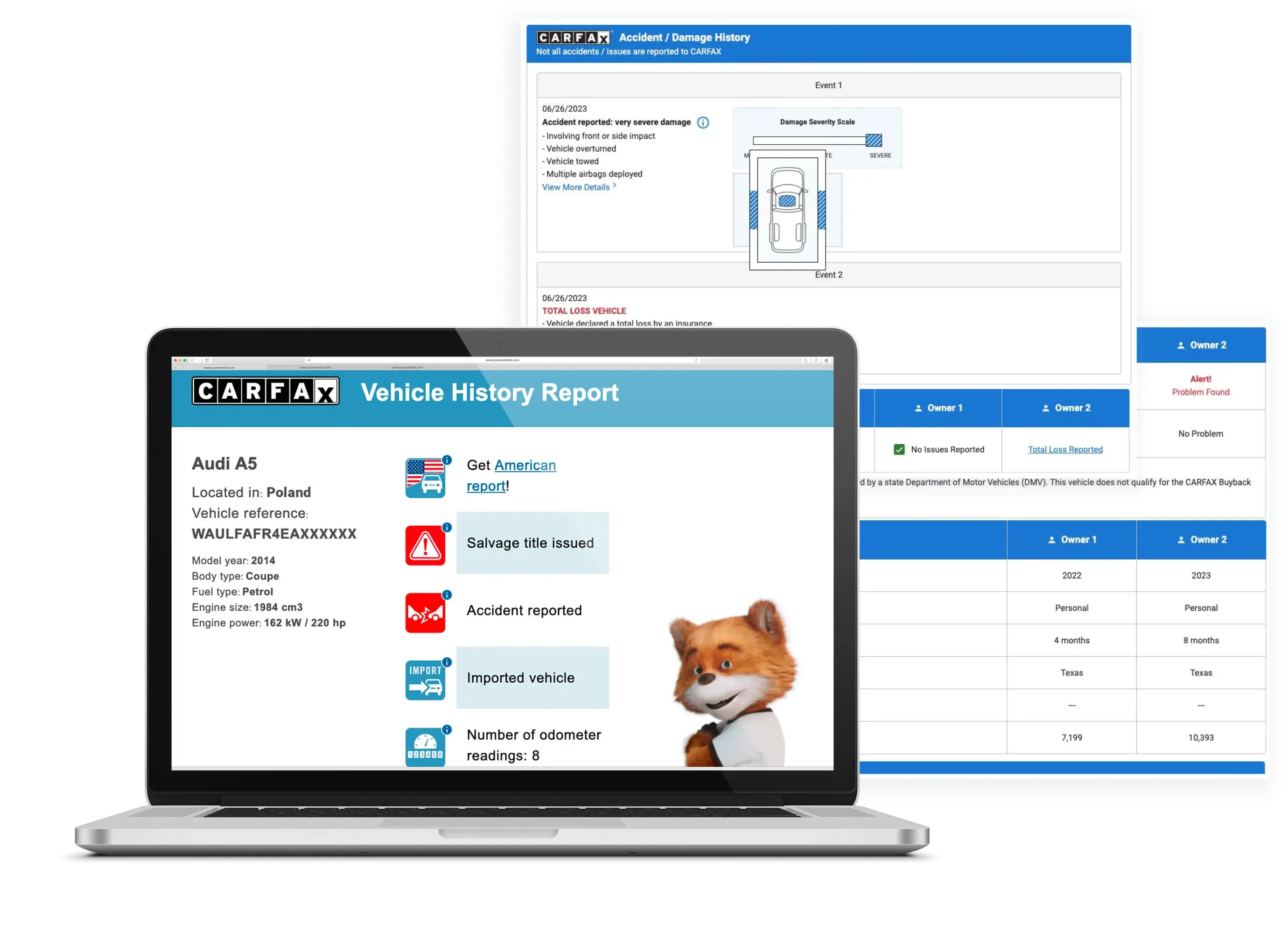 Sample CARFAX report preview showing vehicle history sections