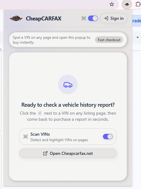 Cheap CARFAX extension visible in the browser toolbar